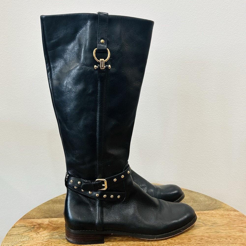 Coach Maddie Black Leather Tall Riding Boots Women's Size 8 B Gold Equestrian
